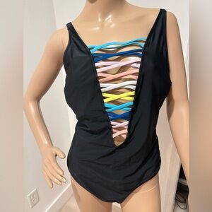 UNBRANDED size L colorful strappy Black one-piece swim suit. Excellent pre-ownef